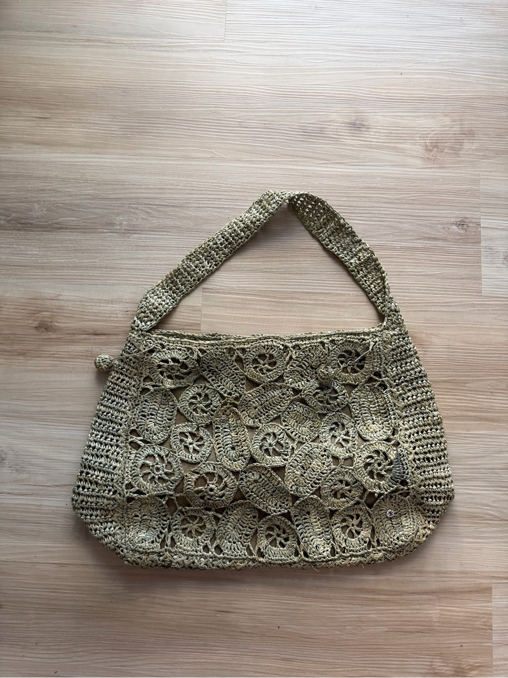 Vintage 90s Y2K Florabella Green Crochet Raffia Flower Shoulder Bag Boho Resort